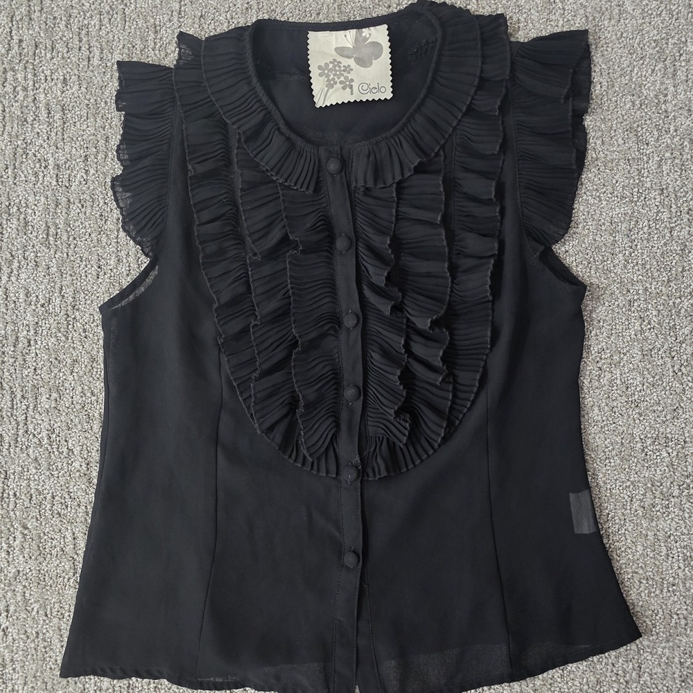 Cielo Black Sheer Pleated Ruffle Blouse Flutter Sleeve Coquette Victorian Goth